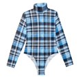thumbnail image 3 of joogoo Blue Checkered Grid Pattern Women's Mock Turtle Neck Long Sleeve Bodysuit XL, 3 of 8