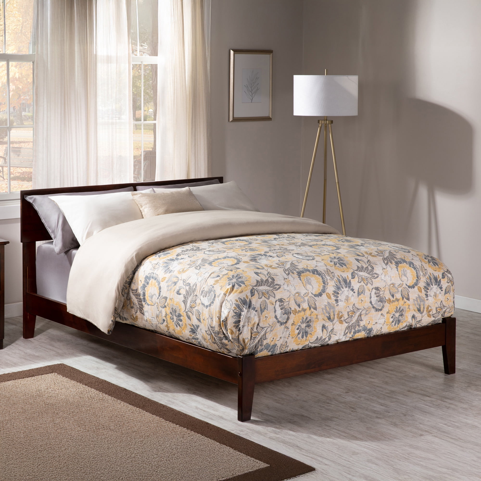 AFI Orlando Full Low Profile Wood Platform Bed Frame with Panel Headboard, Walnut