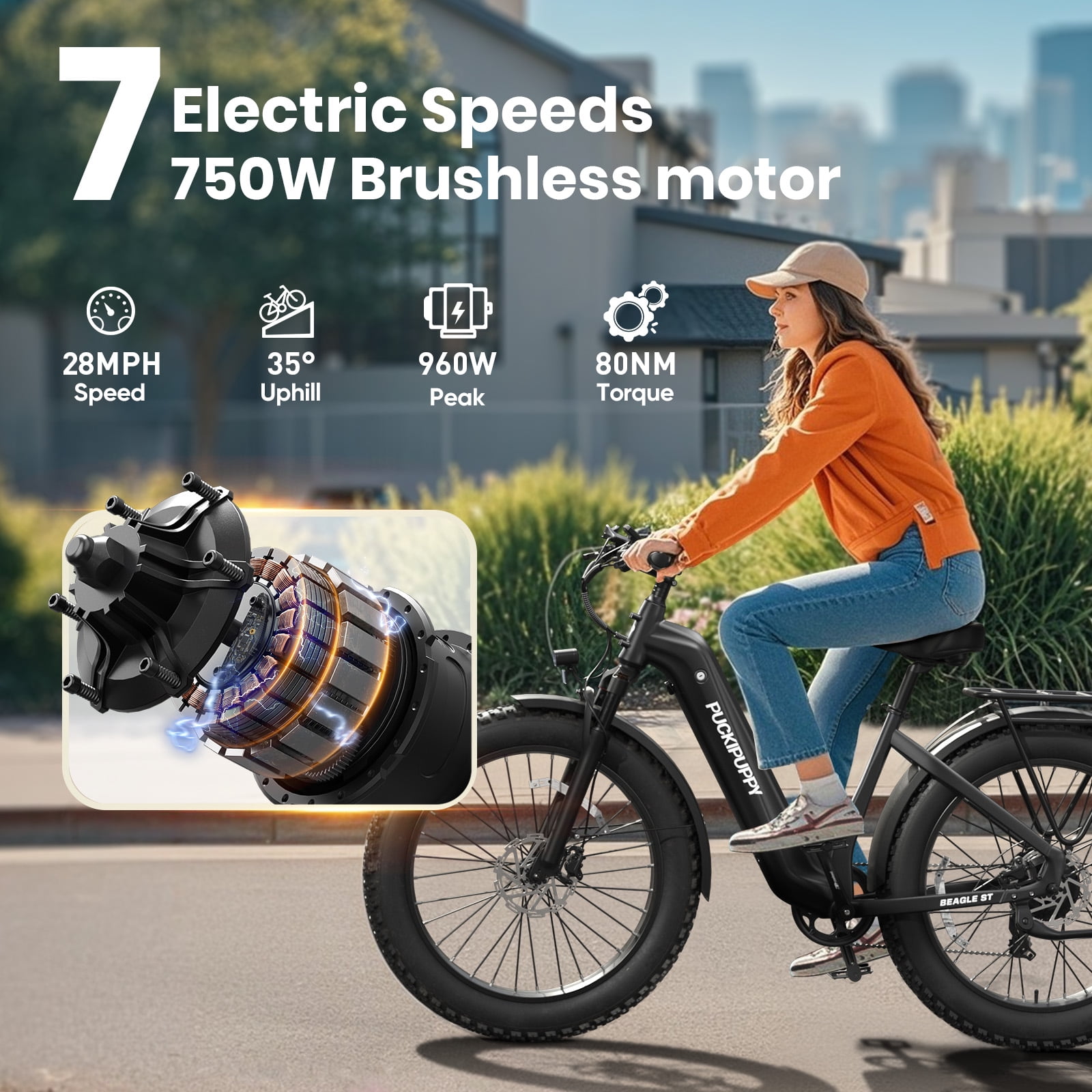 PUCKIPUPPY 26" Electric Bikes for Adults 28 mph Step Through E-Bikes 960W Peak 60Mile Max Range 48V 15AH Battery Fat Tire off Road Mountain E Bike Front Suspension (Black), Comply with UL2849 by SGS