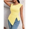 thumbnail image 6 of Womens Asymmetric Neck Slim Fit Cropped Solid Color Tshirt Elegant Basic Top Casual Chic Tee Light Yellow M, 6 of 9