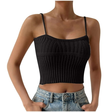 

Atinetok Cute Tank Tops for Women Summer Solid Crewneck Sleeveless T shirts Blouses Sexy Spaghetti Strap Slim Fit Knitted Going out Camisole Cropped Tops Black m
