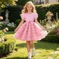thumbnail image 2 of Girls Puff Sleeve Rose Tutu Dress Pearl Embellished Top with Satin Bow Waist Kids Formal Party Birthday Dress Summer Casual Wear(Pink,5-6 Years), 2 of 9