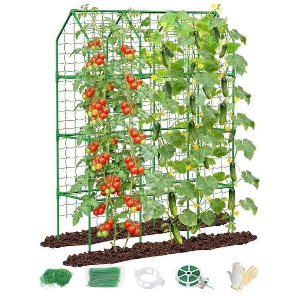 MQHUAYU 50"x17"x65" Cucumber Trellis for Outdoor Climbing Plants, A-Frame Metal Garden Trellis with Netting, Rust-Resistant for Raised Bed, Tomato, Bean, Pea