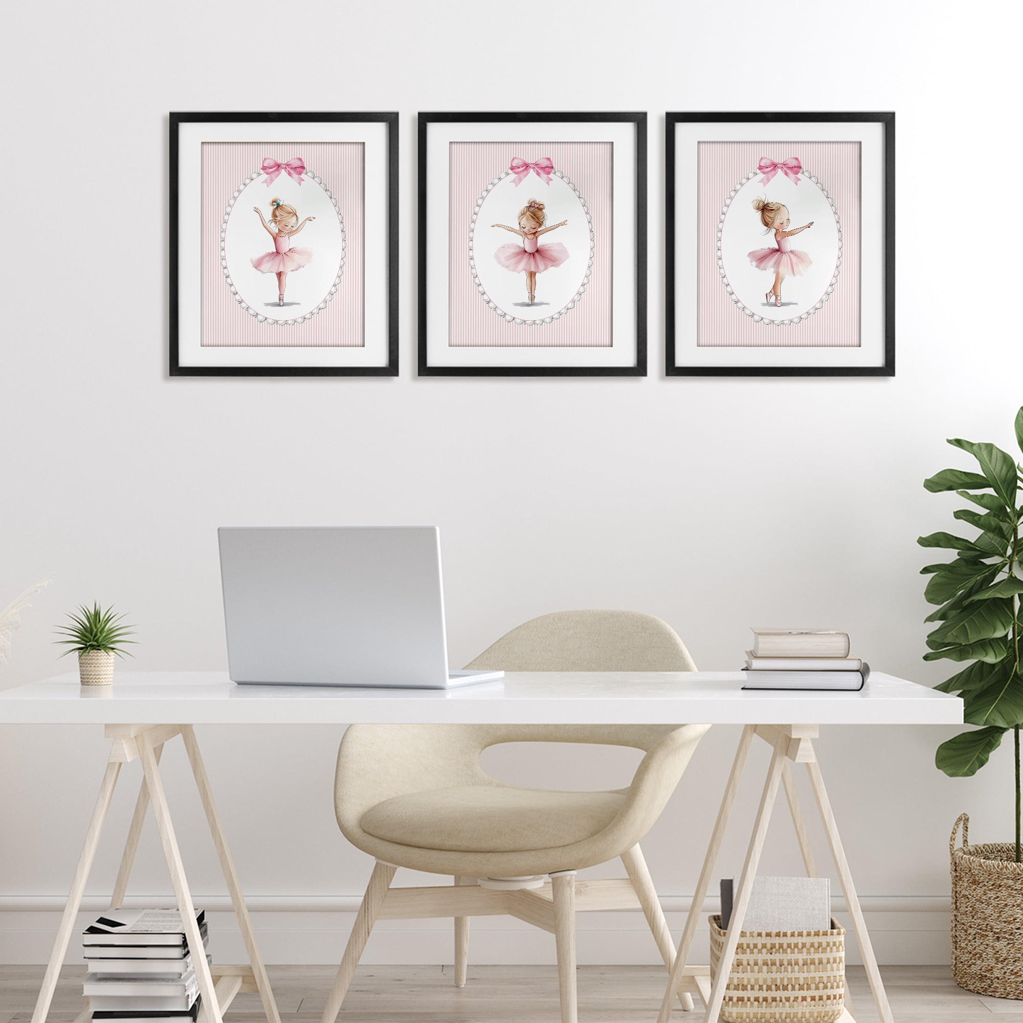 Stupell Industries Dancing Ballerinas in Pink 3 Piece Black Framed Print Under Glass Set, design by Christine Simpson Art