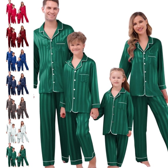 GPOECD Christmas Pajamas for Family Family Matching Pajamas Long Sleeve Silk-like Satin Sleepwear Holiday Outfit Pure Color Two Piece Pajama Sets Winter,02_Green,11-12 Years