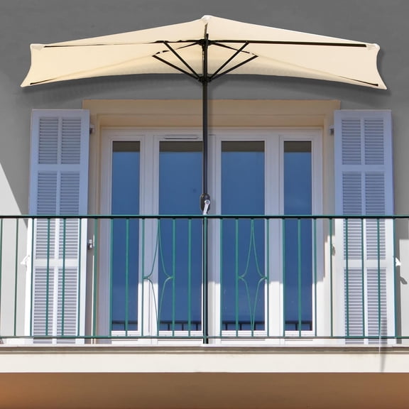 9-Ft Half Umbrella Easy Crank Semicircle Balcony Shade with 20lb Weighted Base for Deck, Porch, or Against a Wall by (Tan)
