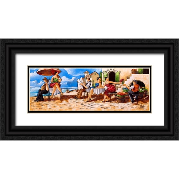 West, Ronald 32x14 Black Ornate Wood Framed with Double Matting Museum Art Print Titled - Thursday Morning at Cafe da Vinci