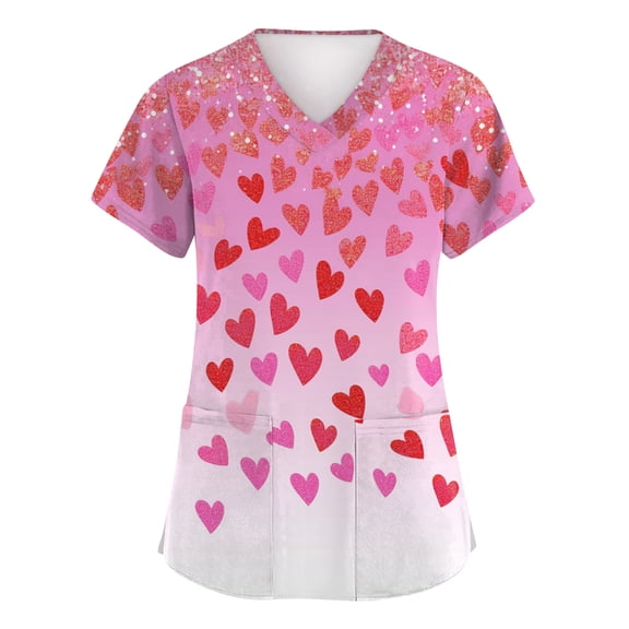 Garbnen Valentine Scrub Tops Plus Size Gradient Heart Graphic Short Sleeve V Neck Women Work Shirts with Pocket Stretch Nursing Scrubs S-5XL