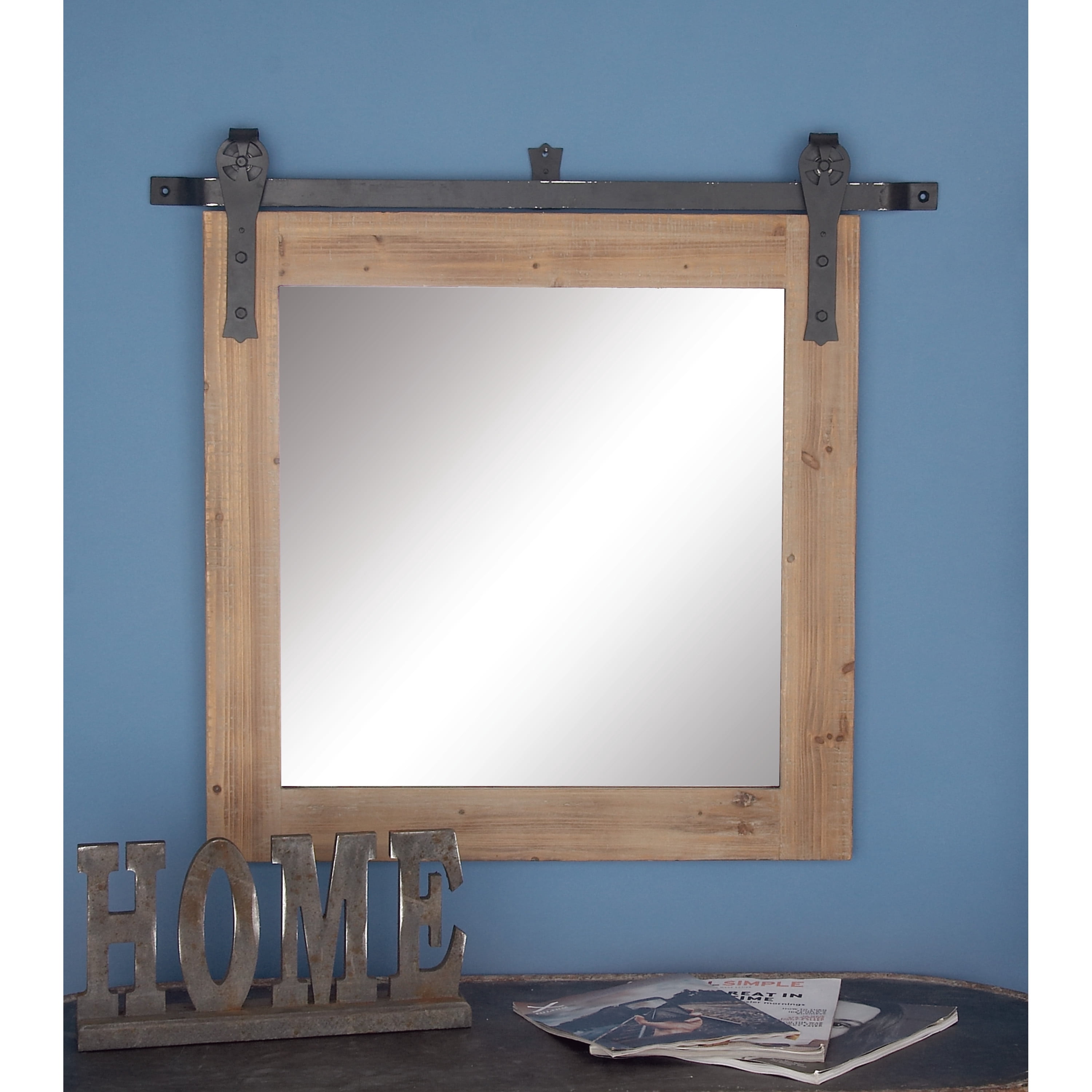 DecMode Industrial Brown Square Shaped Wall Mirror with Natural Wood Grain Pattern, 31"W x 31"H