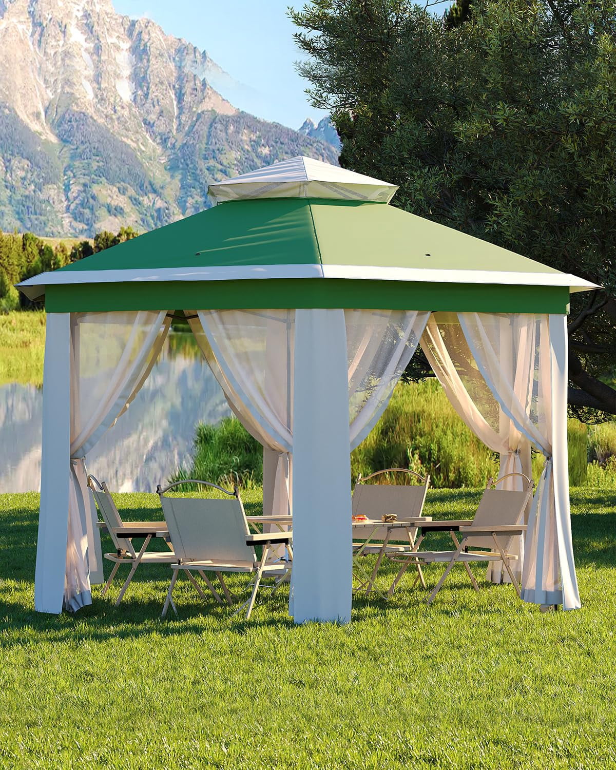 Luku 13'x13' Pop-Up Gazebo, Outdoor Hexagonal Patio Gazebo with Mosquito Netting, Instant Setup Canopy Tent with Strong Steel Frame and Sandbags, for Backyard, Gardens, Patio