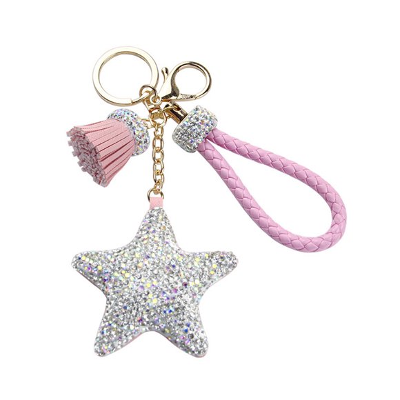 Pink Rhinestone Star Keychains Gift Pentagram Key Holder Pendant PU Crystal Key Rings Craft Ornaments for Car Key Bag Hanging