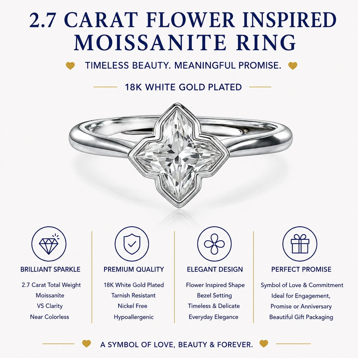 JeenMata 2.7 Carat Flower Inspired Moissanite Engagement Ring - 18K White Gold Plating Promise Ring for Women
