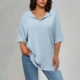 thumbnail image 2 of UAMVSH Plus Size Cotton Linen Shirts for Women Soft Solid Color Pullover Blouses Casual Half Sleeve Lapel V-Neck Loose Fit Tops(Large,Light Blue), 2 of 7