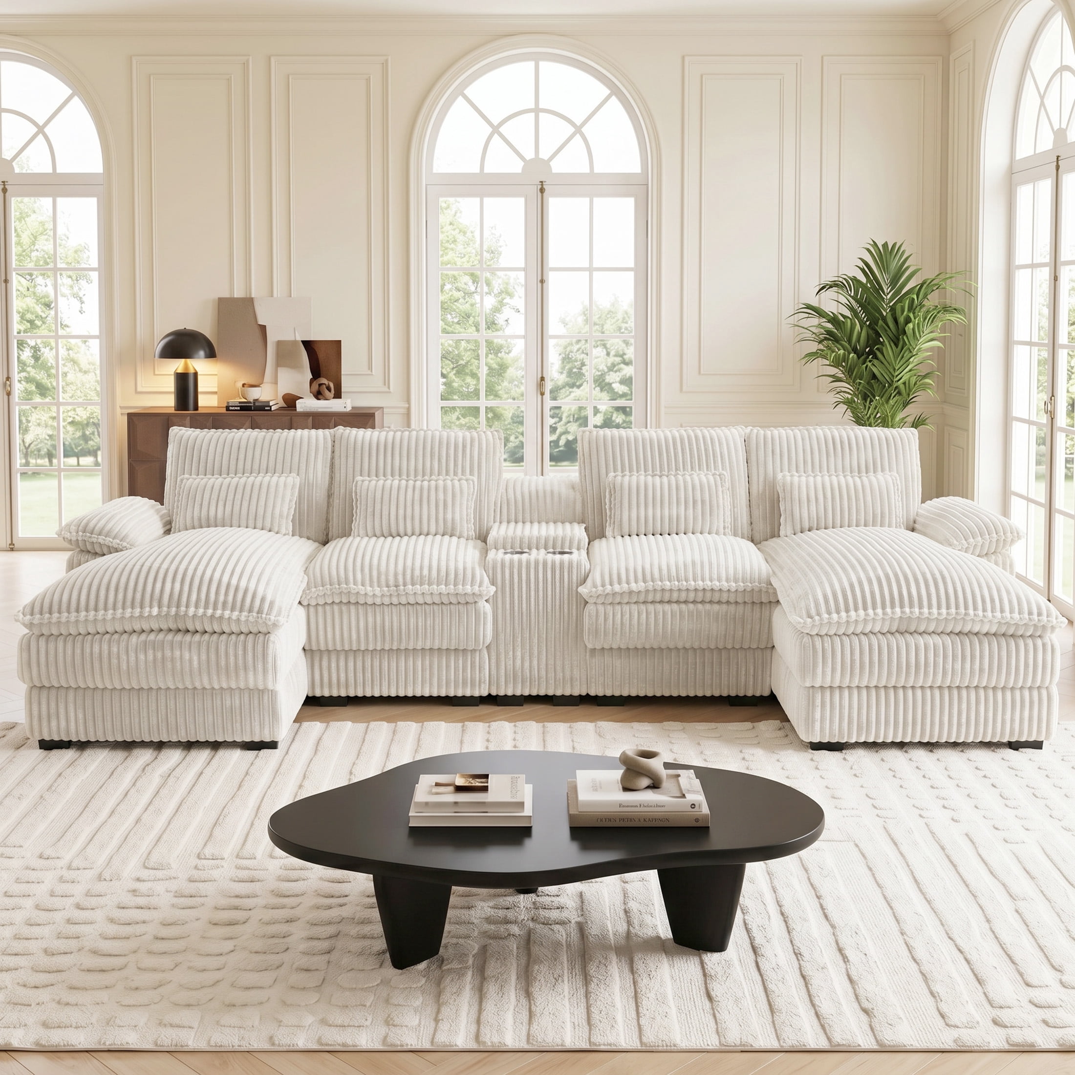 Aenkyo 125 Inch Chenille U-Shaped Sectional Sofa with Console and USB Ports, White
