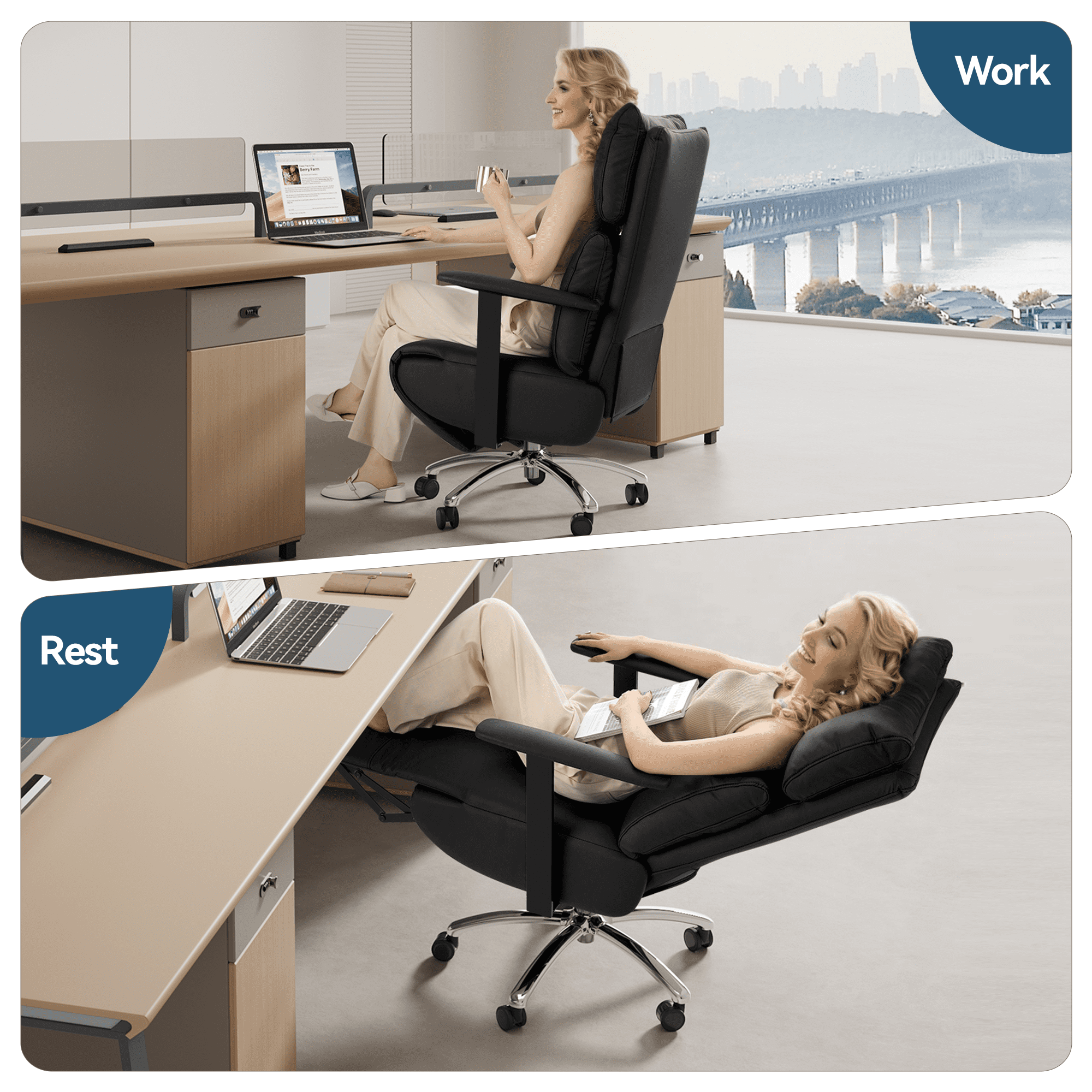 OKUP Executive Reclining Office Chair with Footrest, Microfiber Leather 170° Recline, Black, 420 lbs Support