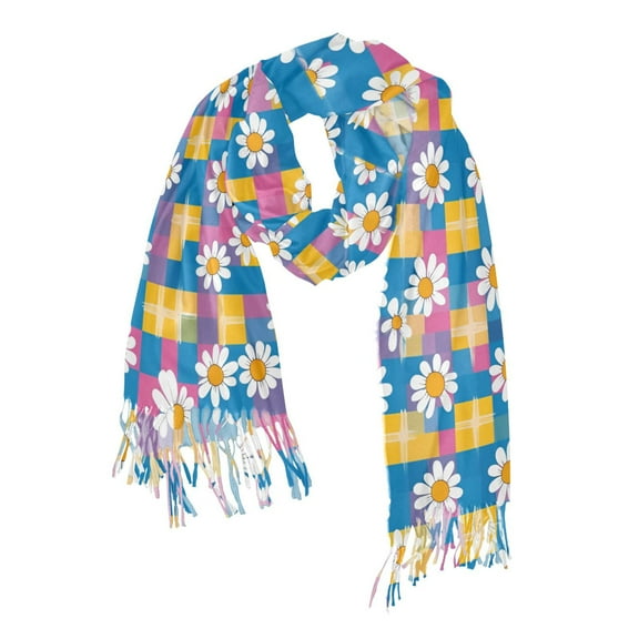 FORMRS Womens Scarf Winter Soft Long Big Warm Shawls Wrap Tassel Scarves, Blue Checkered Daisy