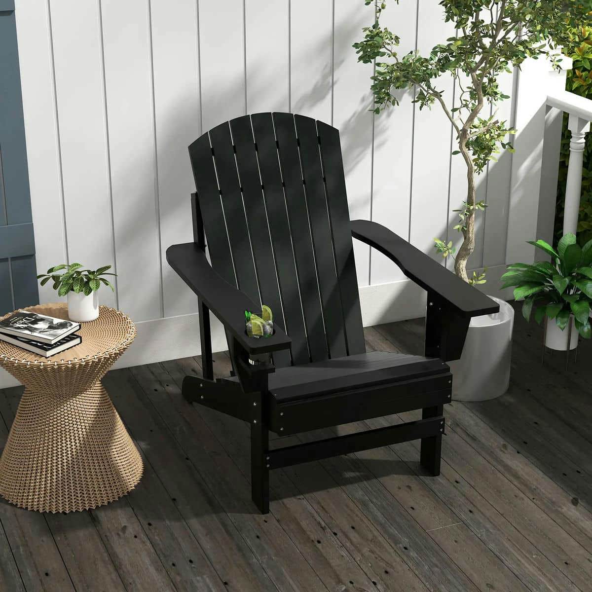 YYAo Patio Chairs, Patio Adirondack Chairs,Oversized Adirondack Chair, Outdoor Fire Pit and Porch Seating, Classic Log Lounge w/ Built-in Cupholder, Black