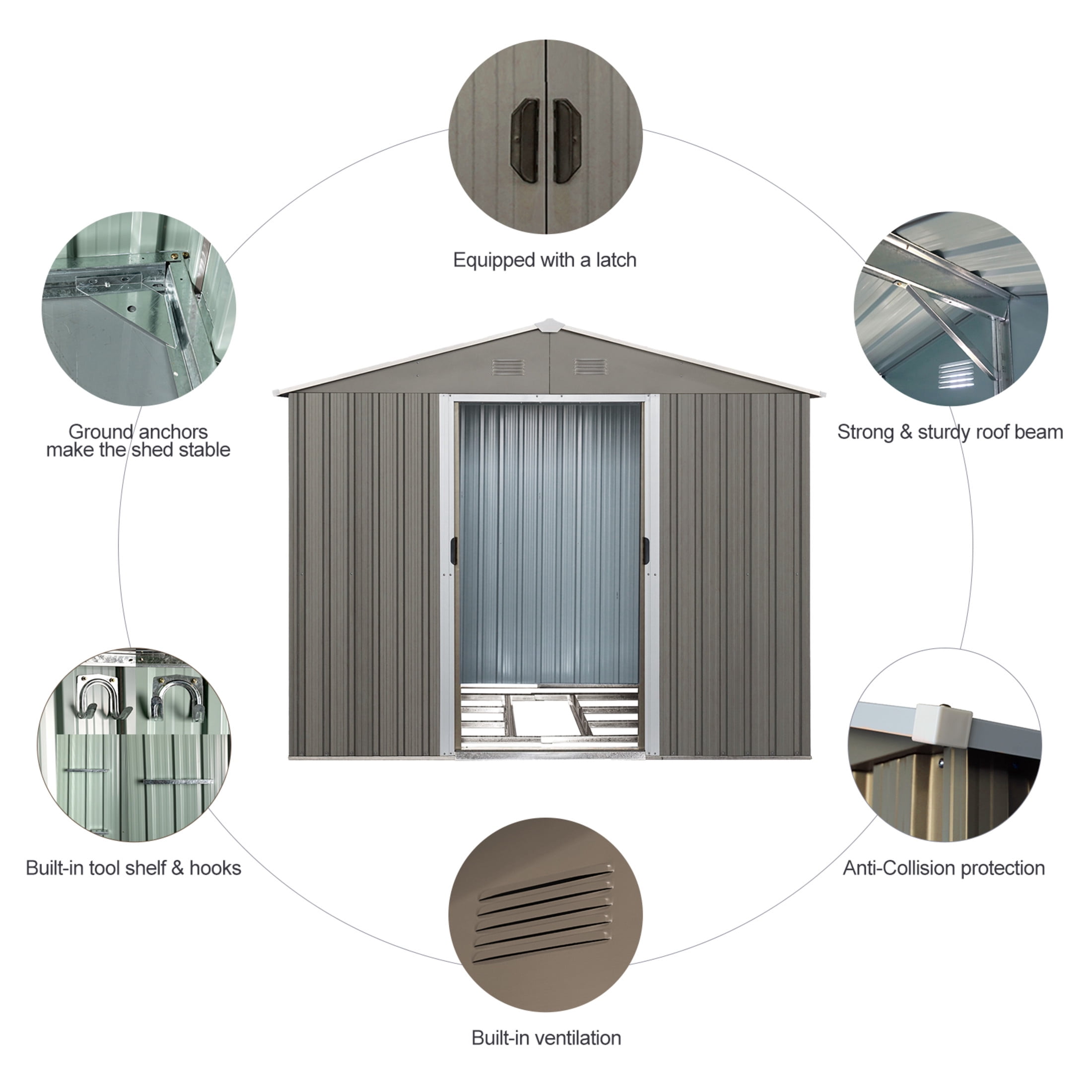 Noble House 8x10FT Outdoor Metal Storage Shed with Metal Foundation, Weather-Resistant Galvanized Steel Tool Shed, Gray