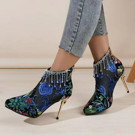 

Summer Saving Clearance! Tuobarr High Heels Women s Antique Embroidered Mesh Fine Heeled Baotou High Heels Shoes Blue US Size 7