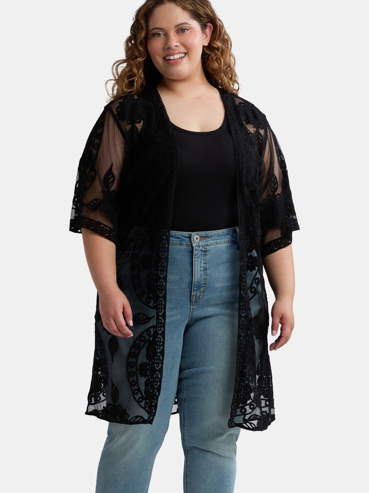 Time and Tru Women's Lace Coverup S to 3XL Black Soot Open Front