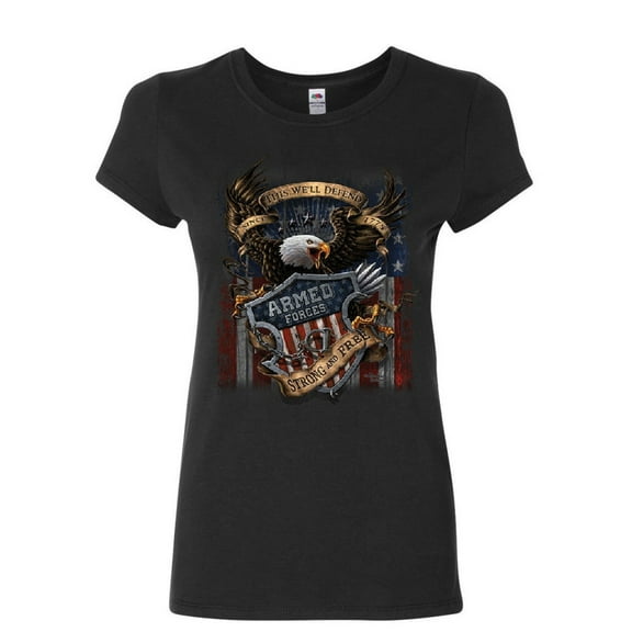Tee Hunt Armed Forces Bald Eagle Women's T-Shirt Army This We'll Defend US Flag Shirt