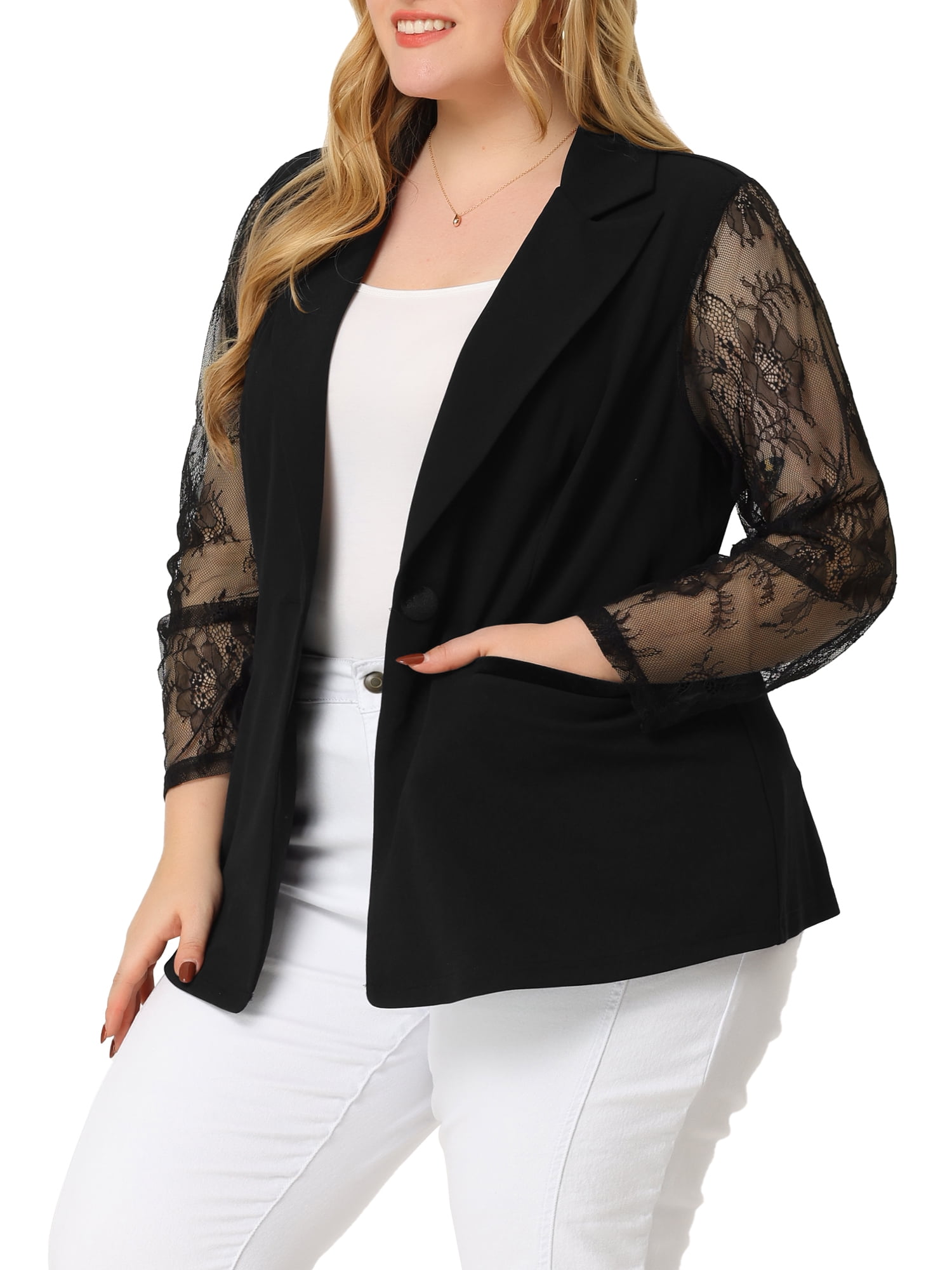 Unique Bargains Women's Plus Size Work Notch Lapel Lace Front Blazers Jackets