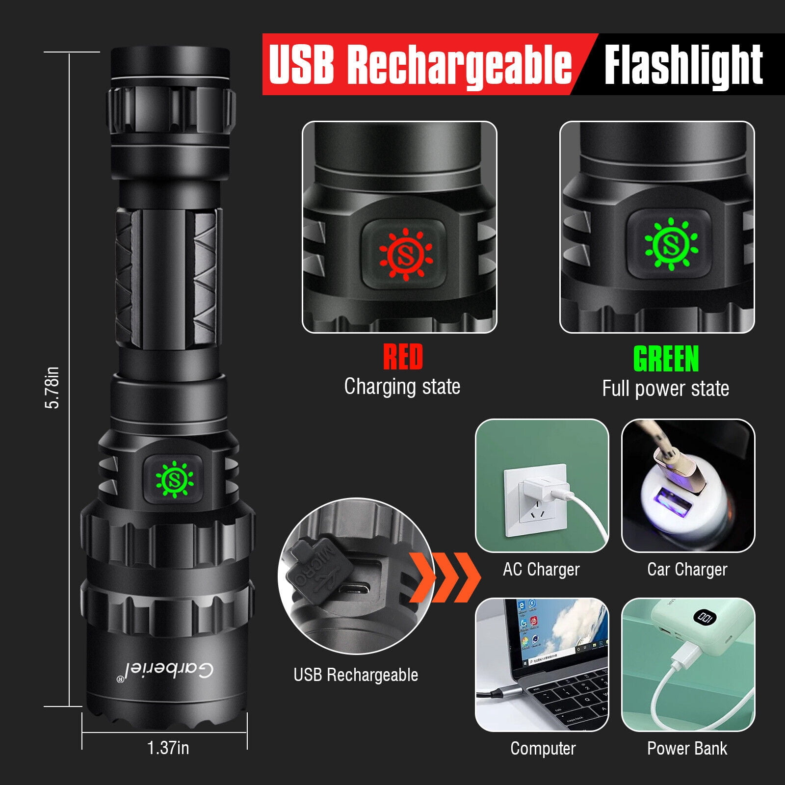 2Pack Garberiel 5Modes L2 Super-Bright LED Flashlight USB Rechargeable Tactical Torch w/Battery&USB Charger for Emergencies, Camping, Hiking,Cycling