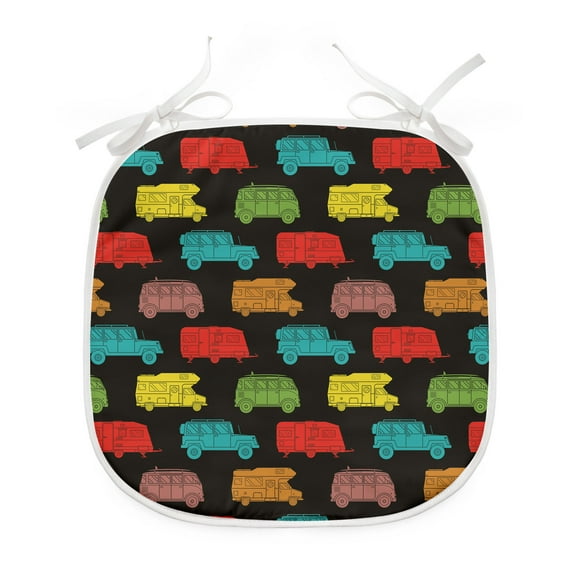 Camper Dining Chair Pad, Colorful Van and Trailer on Dark Toned Background Traveling Theme Summer Vacation, Water Resistant Pillow with Straps for Kitchen Seats, 2 Pieces Set, Multicolor, by Ambesonne