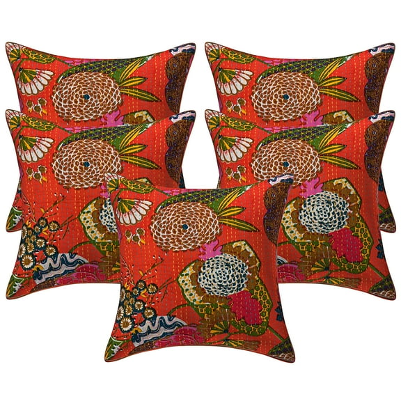 Stylo Culture Ethnic Settee Sofa Throw Pillow Covers 16x16 Kantha Orange Printed 40 x 40 cm Living Room Lounge Decor Cotton Tropicana Square Cushion Covers | Set Of 5