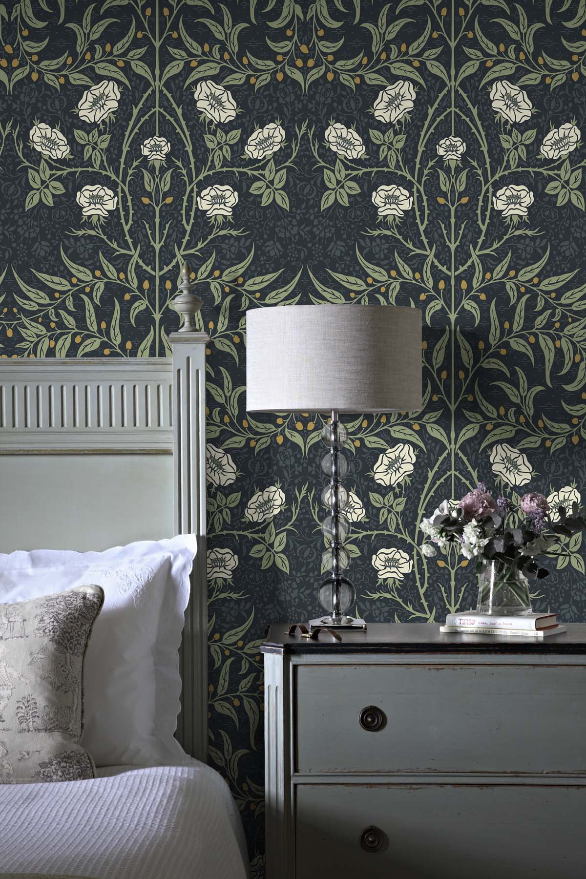 NextWall  Stenciled Floral Peel and Stick Wallpaper Navy & Sage