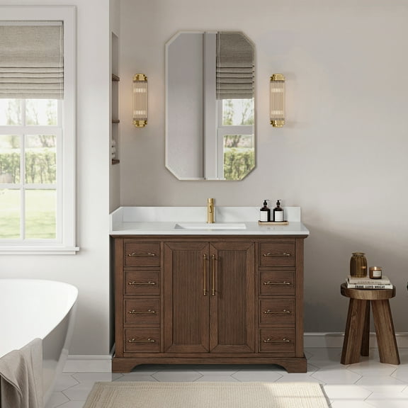Tokyo 48" Single Bath Vanity in Aged Dark Brown Oak with Silk White Quartz Stone