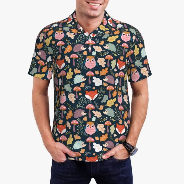 Balery Autumn Fox Owl Camisa Polo de Hombre con Estampado, de Manga Corta y Tejido Medio, Camisa Tipo Golf Polo-Small