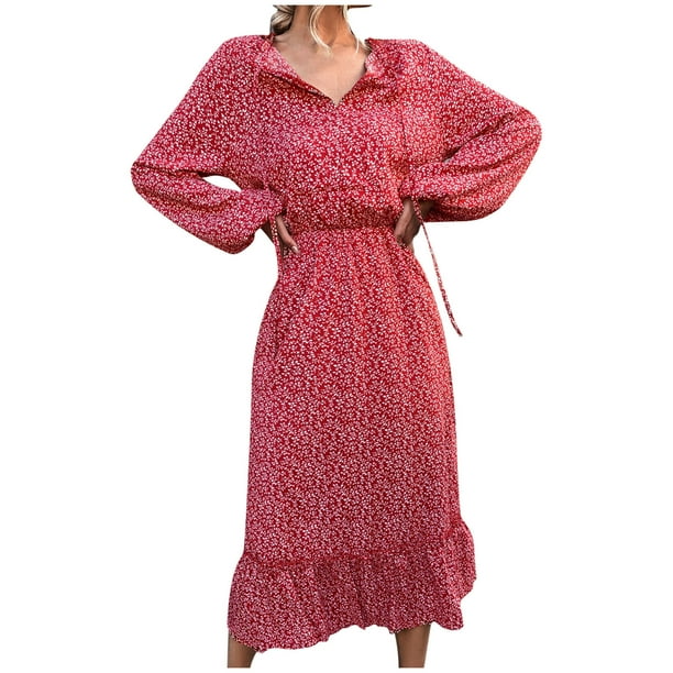 Vestido de mujer primavera/verano con cordones y cuello en V floral vestido suelto falda oscilante Wmkox8yi FGJ1651