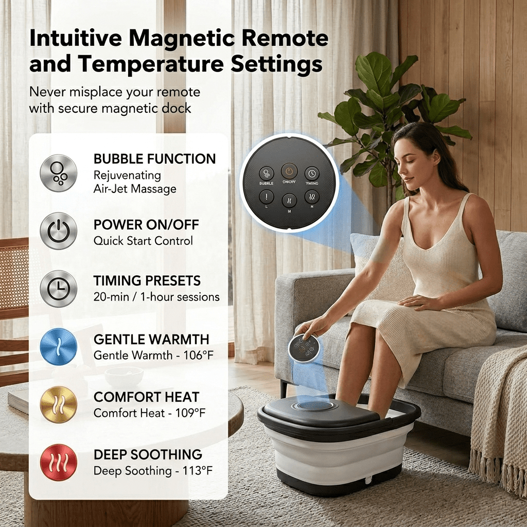 Koramzi Foot Spa Bath Massager with Heat, Bubbles, Remote, Foldable Design, 3 Temp, Rollers, Pumice Stone, Red Light, Timer, Fits up to Men Size 12, Black/White