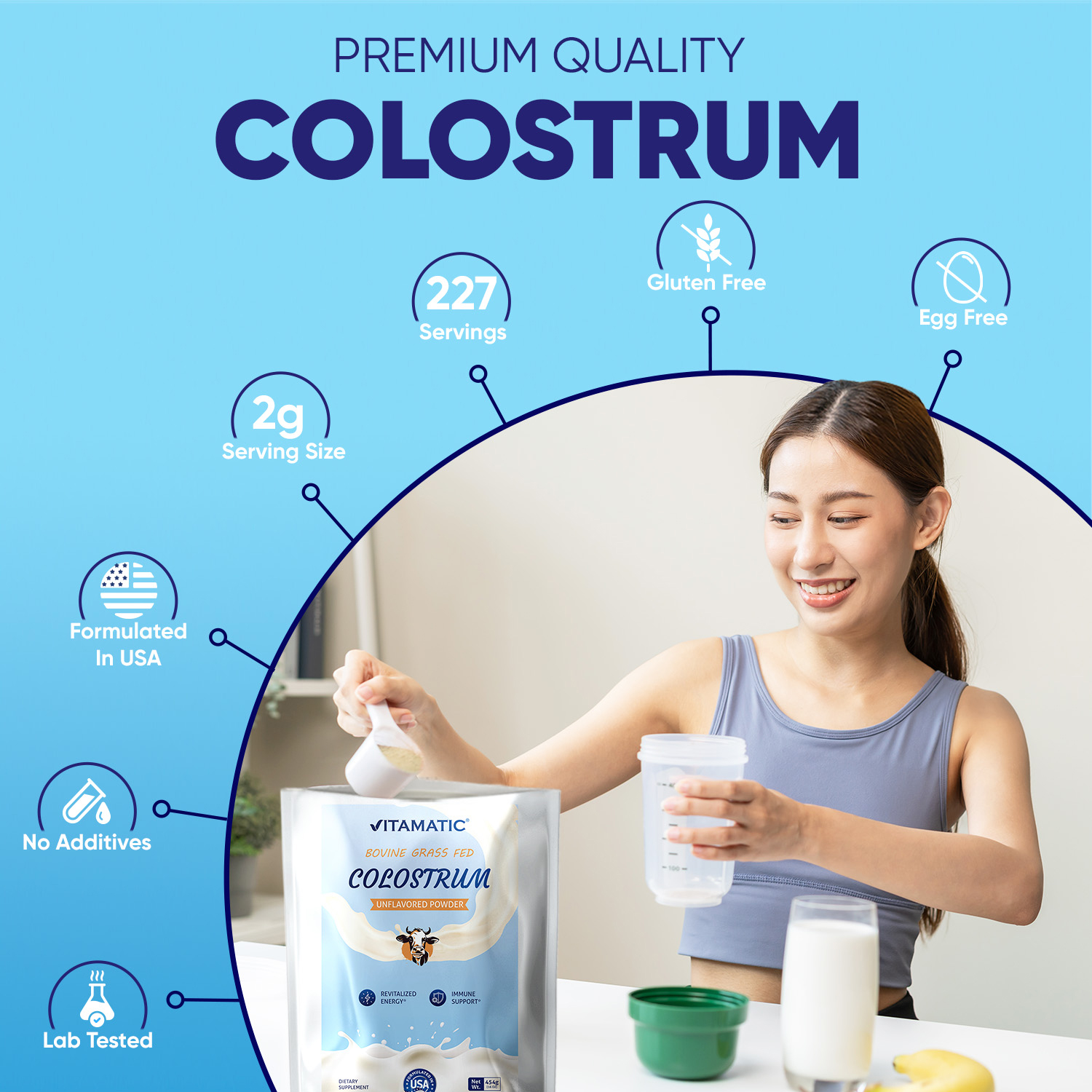 Vitamatic Bovine Colostrum 30% IgG Powder 16 OZ- Supplement for Gut Health, Hair Growth, Beauty, Muscle Recovery, & Immune Support - Easy to Mix - 227 Servings (Unflavored)
