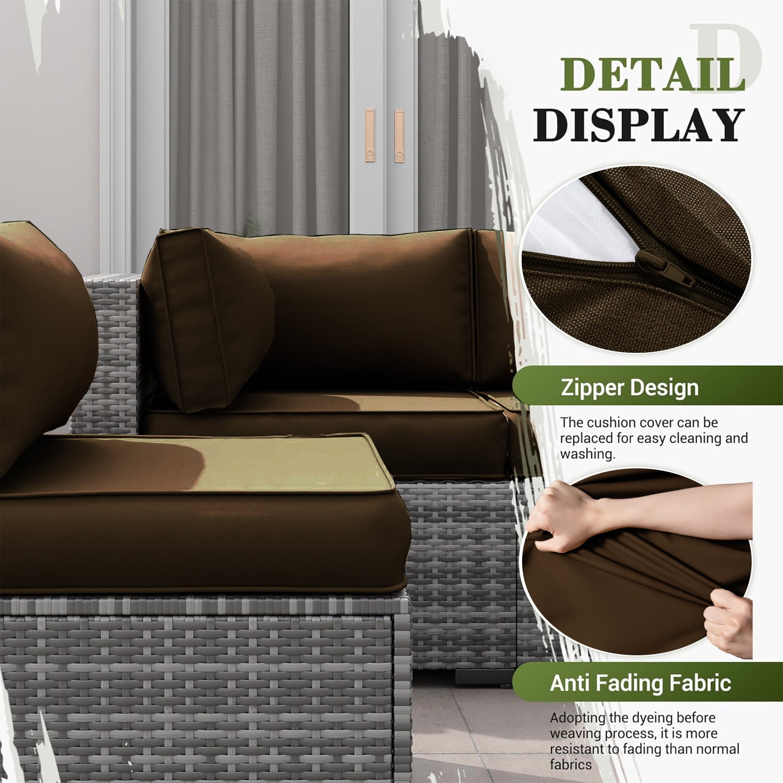 PUKNLY Outdoor Furniture Replacement Cushions, Fits 6-seat Sectional Rattan Conversation Set, 14 Piece Patio Water-Resistant Replacement Sofa Cushions, Liner&Cover（Brown）