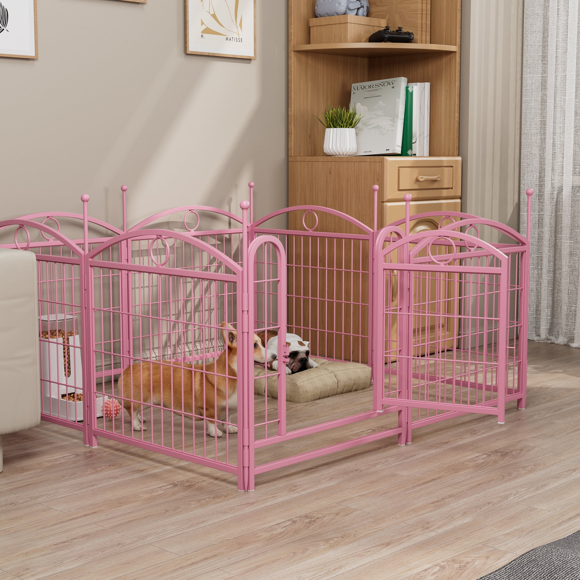 Jopath 24" 8 Panels Metal Dog Pen, Pet Dog Fence Outdoor Foldable Exercise Pen Heavy Duty Dog Fence Puppy Pen with Doors for Large Medium Small Dogs Pink
