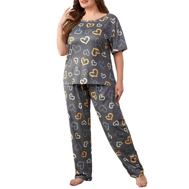 Grey Cute All Over Print Round Neck Pant Sets Short Sleeve Plus Size