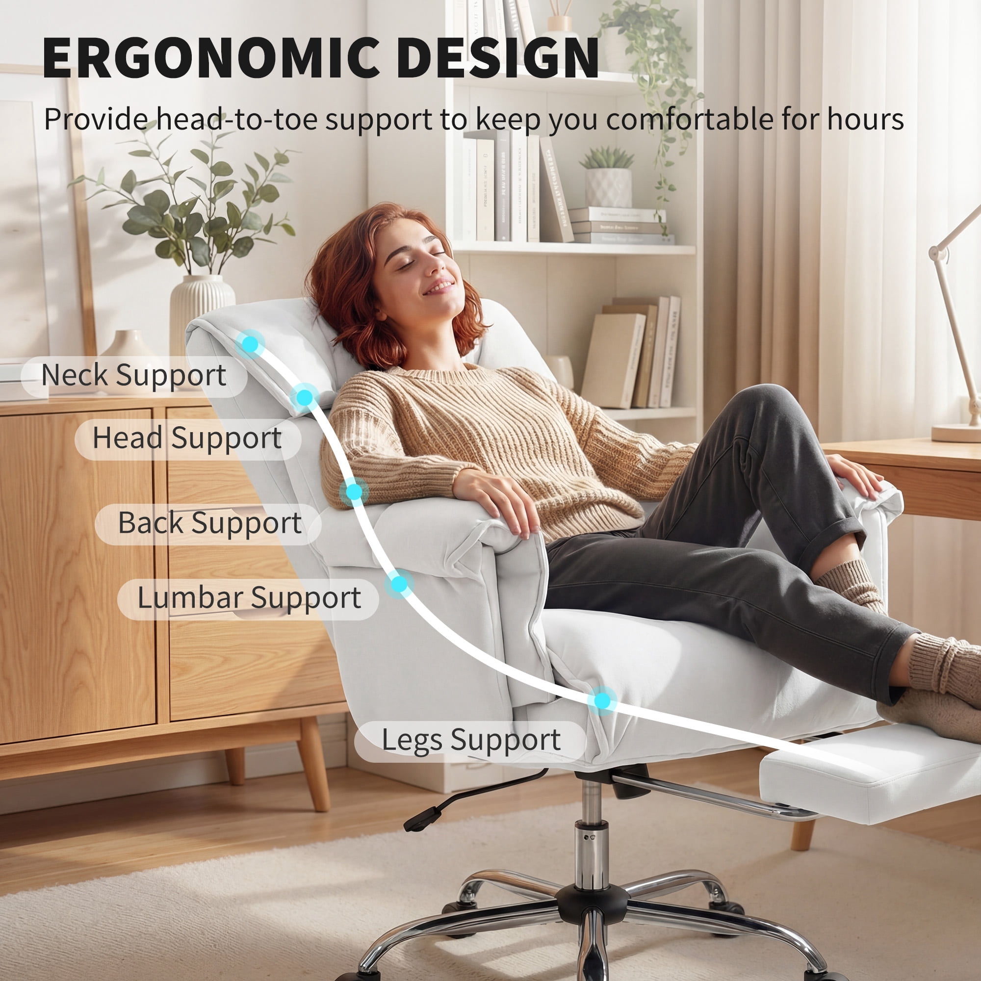 HOMCOM High Back Office Chair, Reclining Desk Chair with Footrest, Thick Cushion, High Resilience Foam, Adjustable Height, Rolling Wheels, Cream White