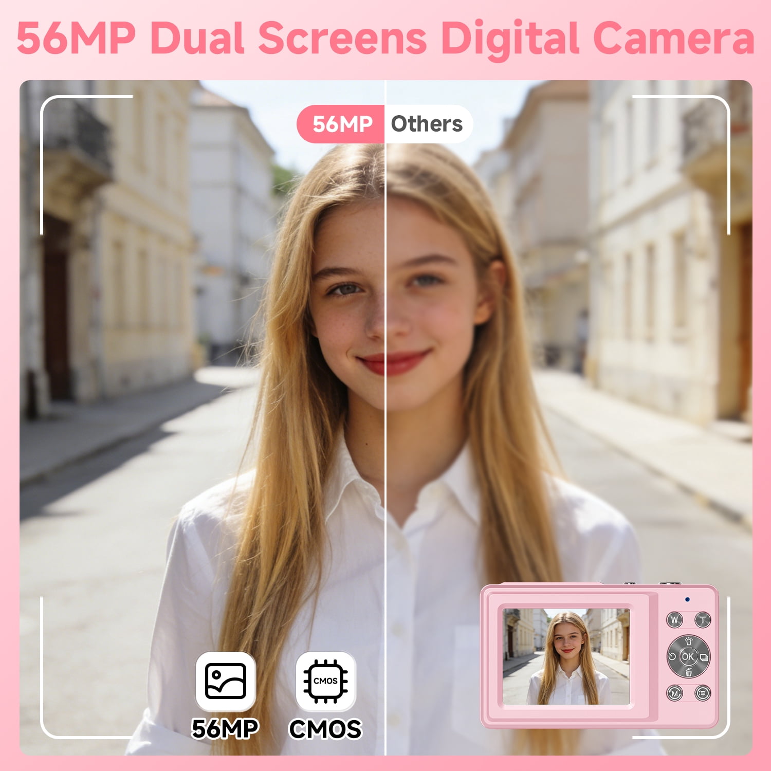 2026 Upgraded 56MP Dual Screens Digital Camera, Compact Cameras Built-in Battery with 16X Zoom Auto Focus Travel Cameras with Smile Capture 32GB SD Card Anti Shake for Kids Teens(Pink)