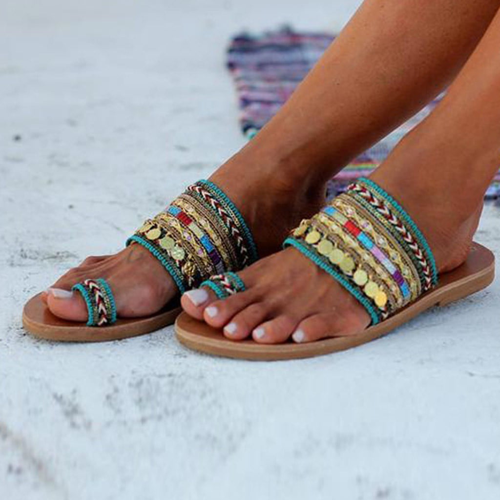 Womens Flip Flop Boho Flower Sandals Ladies Flat Toe Post Holiday Beach Sliders 