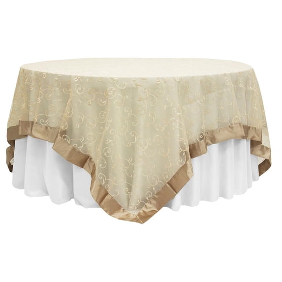 1 Pc, Embroidery Swirl Overlay 90"X90" Square Table Topper - Champagne For Weddings, Quinceaneras, Birthday Celebrations, Or Special Occasion