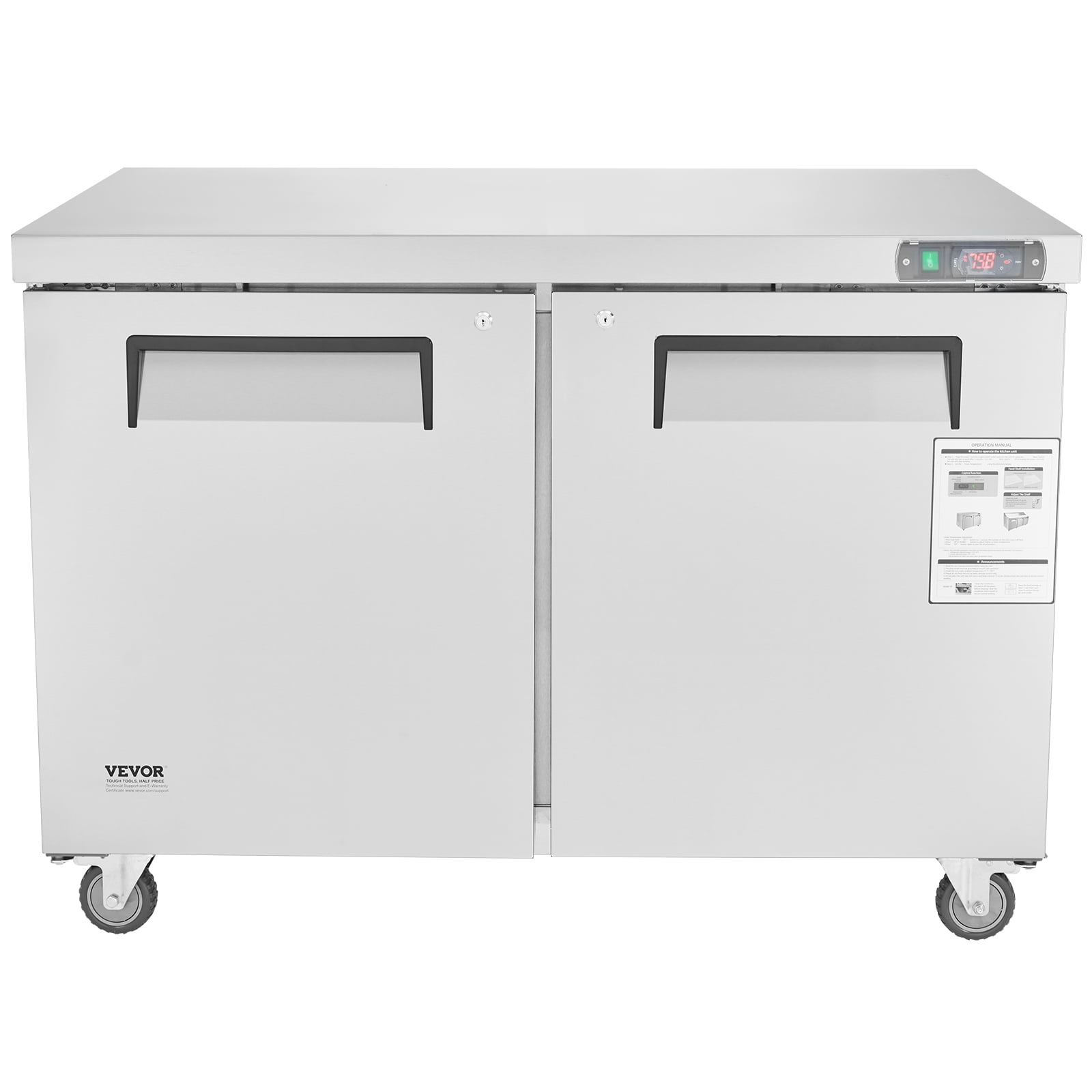 VEVOR 48" Commercial Frozen Refrigerator Sandwich & Salad Prep Table, 12.9 Cu. Ft Stainless Steel Refrigerated Food Prep Station with 2 Doors, Frost Free Refrigerator
