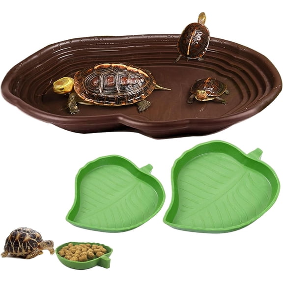 Tortoise Water Bowl with Ramp Leaf Water Food Dish Pool Bathing Pool Reptile Water Dish Large Soaking Dish Box Habitat Accessories