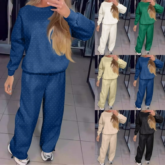 jtjvou Sweatsuit for Women 2 Piece Outfits Sparkly Glitter Rhinestone Long Sleeve Crew Neck Sweatshirts Wide Leg Pants Sets Beige L