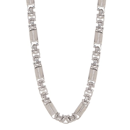 Arista Cubic Zirconia Diamonds Flat Byzantine Link Chain Men's Necklace in Stainless Steel, 24"