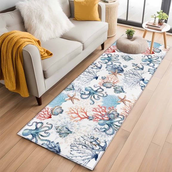 Runner Rug 2'x6', Coastal Ocean Washable Non-Slip Hallway Runner Rugs, Summer Beach Nautical Octopus Corals Bedside Rugs Floor Mats Carpet Runners for Kitchen Bathroom Laundry Room