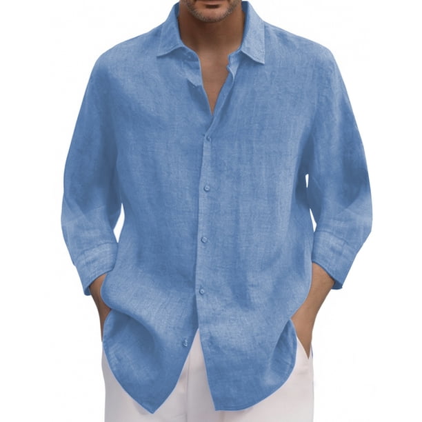 Camisa informal de manga 3/4 con solapa para hombre: poliéster transpirable, color liso, corte holgado, ideal para el trabajo y el ocio (M-XXXL)
