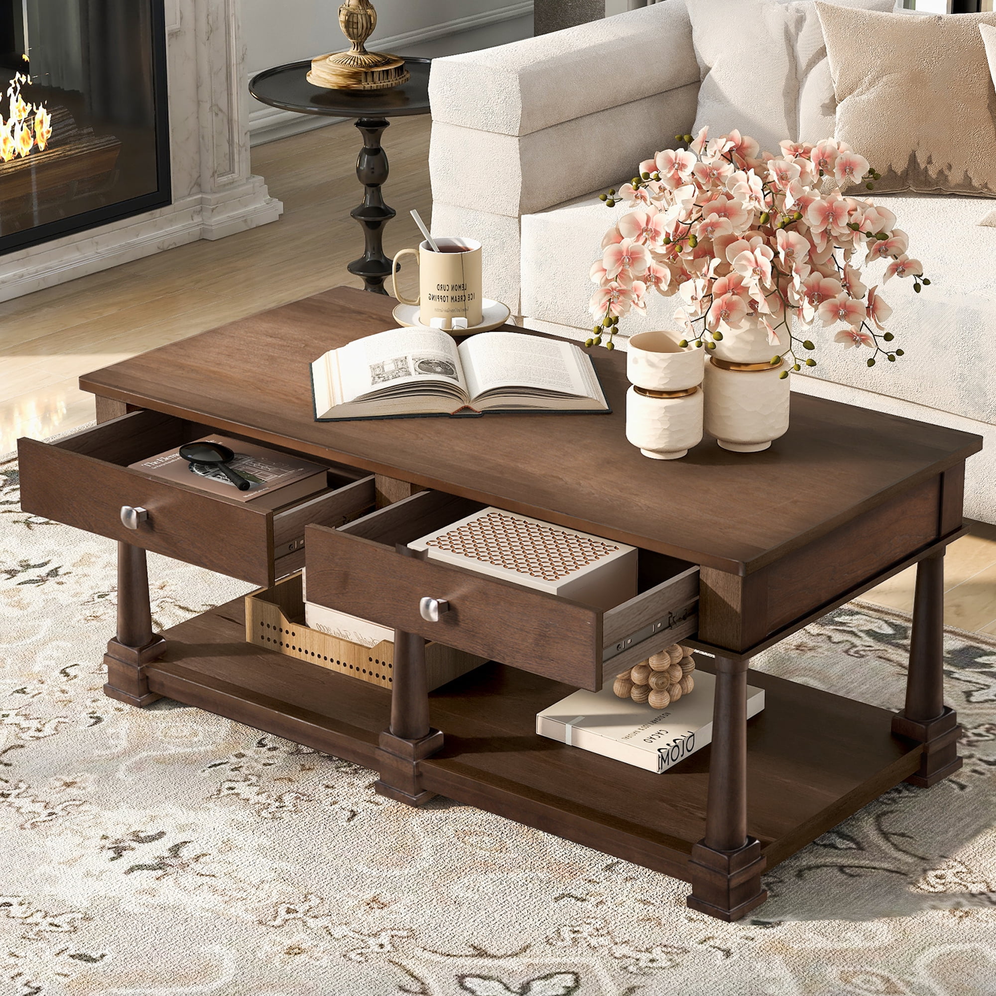 Leumius Farmhouse Coffee Table with 2 Storage Drawers & Lower Open Shelf, Rectangular Cocktail Table with Solid Wood Legs for Living Room Brown