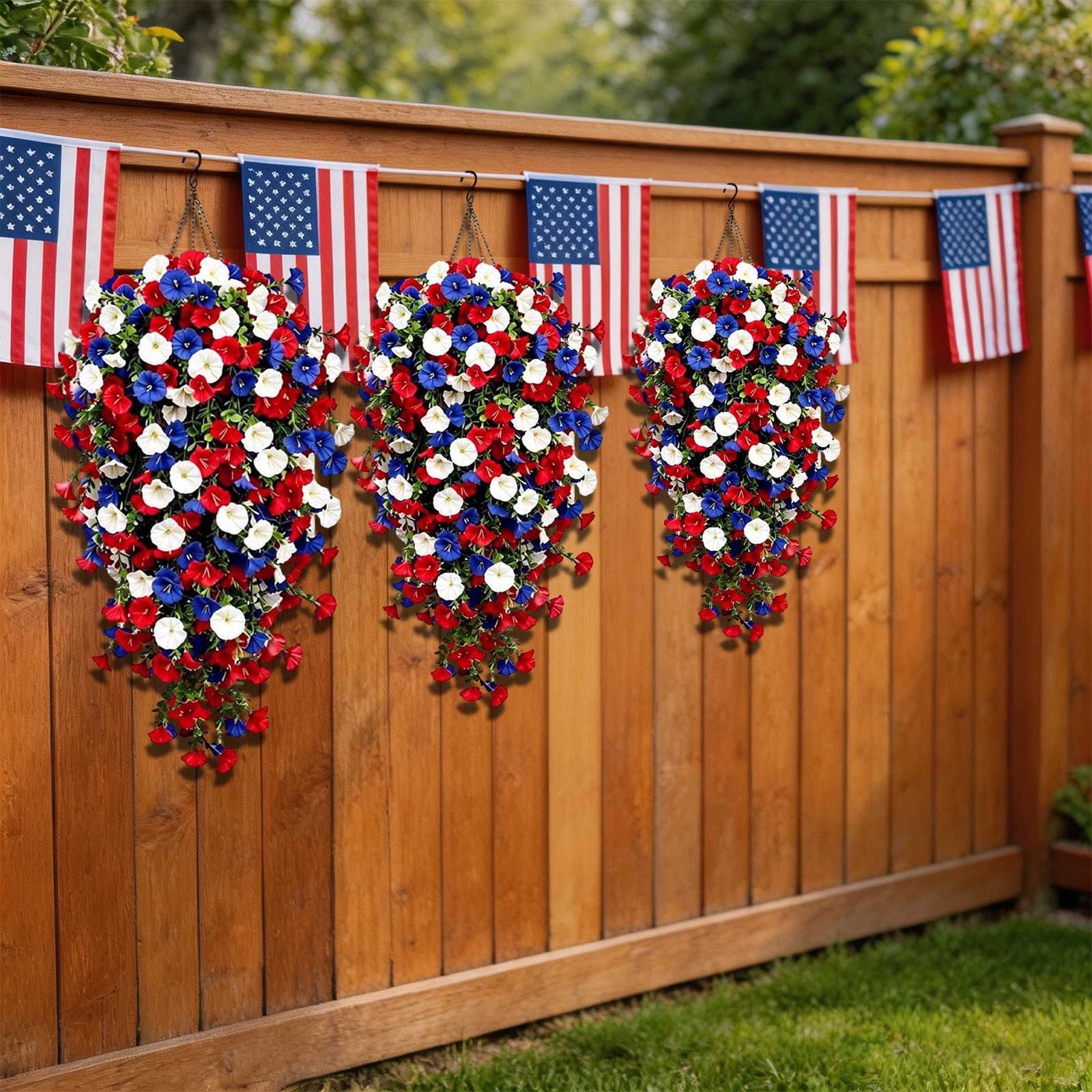 Fmxomd Artificial Hanging Flowers Basket for Outdoor, Fake Flowers Faux Plants for Yard Gardens Porch Patio Home, 28" Patriotic Flowers for Summer Front Porch Patio 4th ofJuly Decor